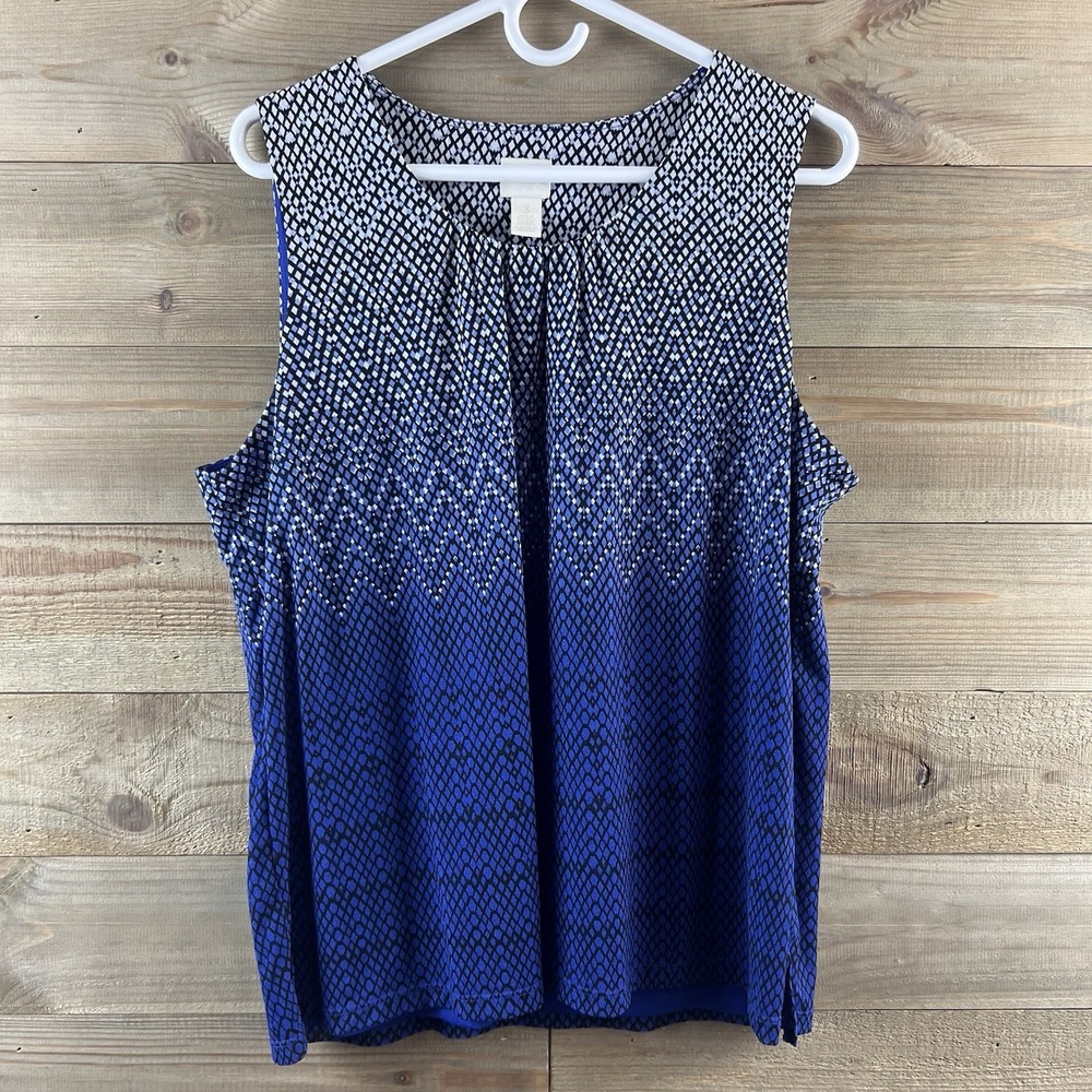 Chicos Womens Blouse Sleeveless Lined Scoop Neck Pleated Diamond Nylon Blue XL